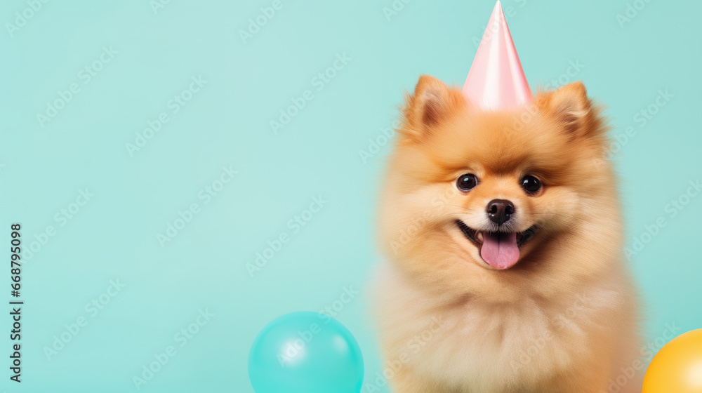 A cute pitbull puppy in a party outfit against a pastel background, ideal for advertising with text space. Perfect for birthday party invites