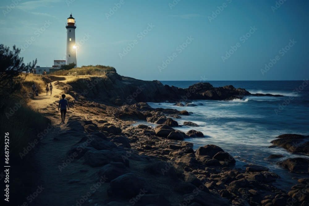 A picturesque coastal lighthouse on a sea cliff at night