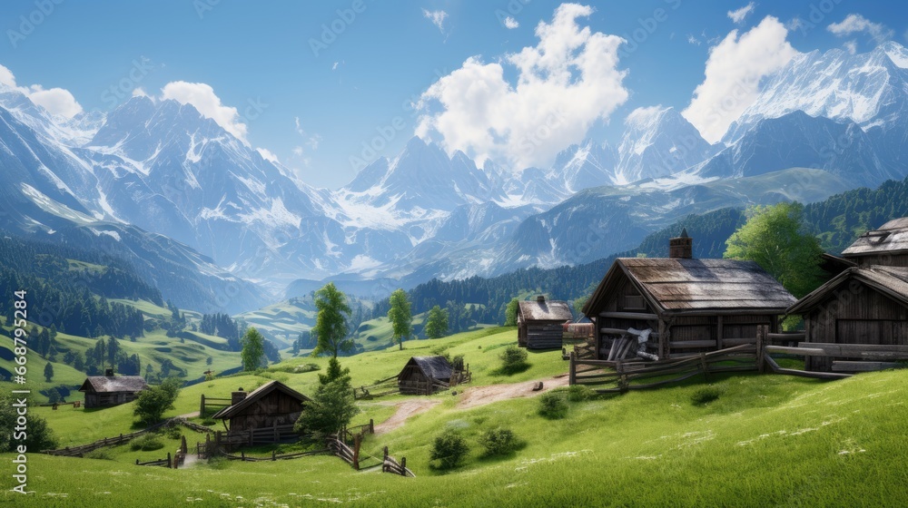 Alpine mountain landscape with a small village