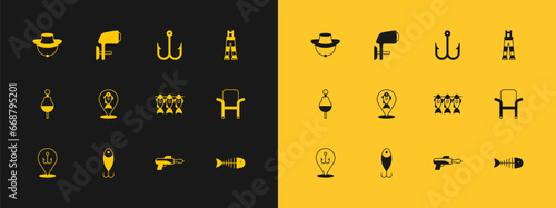 Set Fisherman pants, Fishing lure, Dried fish, harpoon, Location fishing, hook, hat and Outboard boat motor icon. Vector