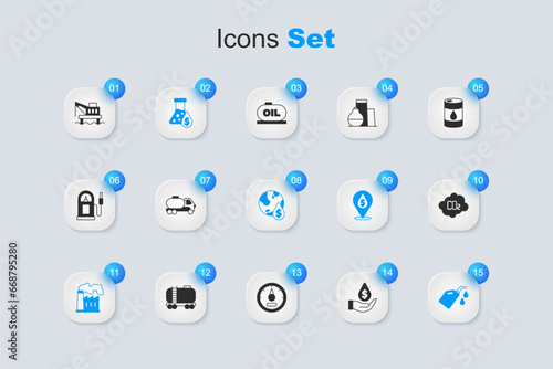 Set Oil drop with dollar symbol, Tanker truck, petrol test tube, and gas industrial factory, Canister for motor machine oil, CO2 emissions cloud, platform the sea and icon. Vector