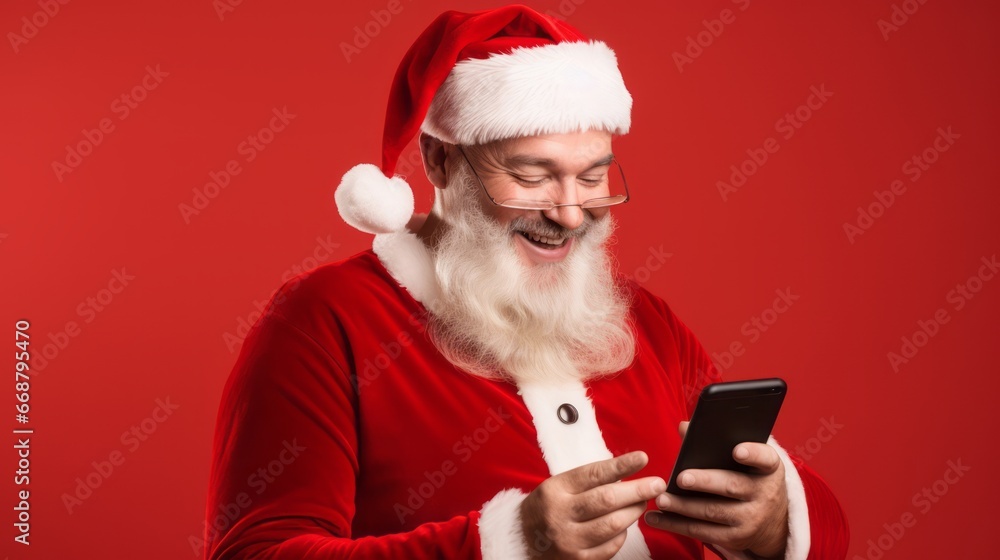 Smiling Santa with cellphone against red background Smiling Santa with cellphone against red background