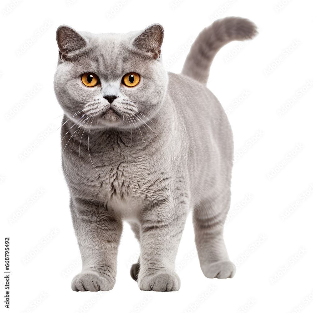 British shorthair cat with yellow eyes standing isolated on a transparent background.