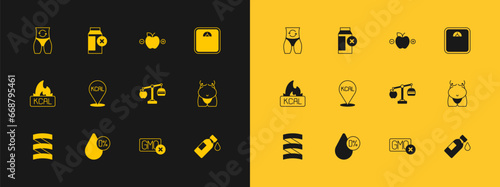 Set Bathroom scales, Water balance, Calorie calculator, No GMO, Kcal, Metabolism and Lactose intolerance icon. Vector