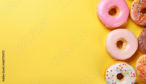 Some donut on the left, light yellow background, with copy space top view. Delicious glazed donuts on white background, flat lay. Space for text Generative AI