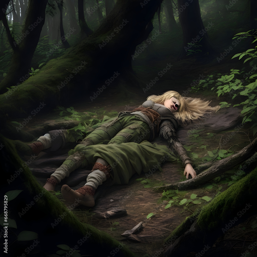 Beautiful young woman in the dark forest. Fantasy. 3D rendering.