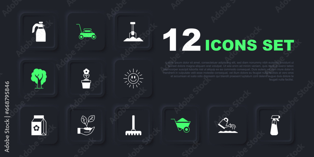 Set Watering can, Garden sprayer for water, Flower pot, Wheelbarrow, Tree, Leaf hand, Lawn mower and rake icon. Vector Set Watering can, Garden sprayer for water, Flower pot, Wheelbarrow, Tree, Leaf hand, Lawn mower and rake icon. Vector