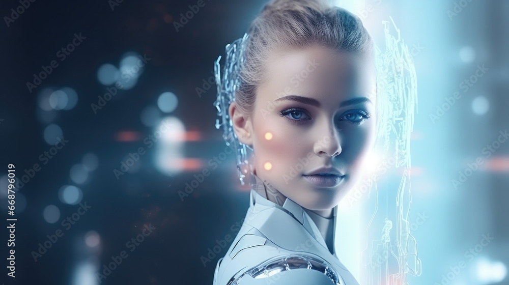 An image of a futuristic AI android robot alongside a female cyborg ...