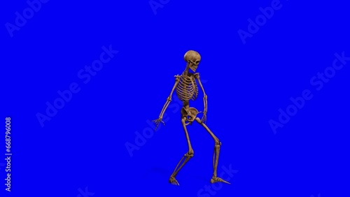 skeleton is dancing a 80s classic dance in a blue chroma key background