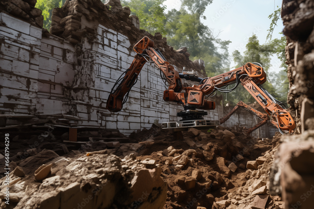 Fototapeta premium Robotic arms built a brick retaining wall at the construction site in the forest