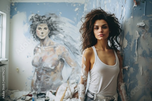 A beautiful woman draws a portrait on the wall in her apartment. Repair, paints, brushes, home renovation
