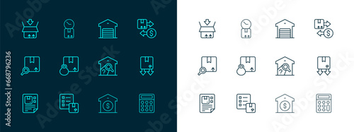 Set line Tax cardboard box, Verification of delivery list, Warehouse check, price, Carton, and Cardboard with clock icon. Vector