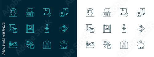Set line Waybill, Cardboard box with traffic symbol, Crane cardboard, Closed warehouse, Warehouse interior boxes, Carton, Location and free icon. Vector