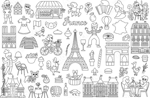 France symbols vector set. Big black and white collection with French sights, food, Eiffel tower, people, baguette, croissant. Cute Paris line icons with palaces, castle, mime, macaroon, Marianne