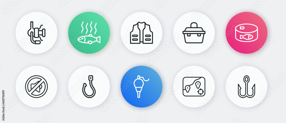 Set line Fishing float, Canned fish, Speaker mute, Location fishing, Case or box for equipment, jacket, hook and icon. Vector Set line Fishing float, Canned fish, Speaker mute, Location fishing, Case or box for equipment, jacket, hook and icon. Vector