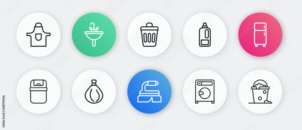 Set line Brush for cleaning, Refrigerator, Trash can, Washer, Bottle detergent, Bucket with foam and bubbles and Garbage bag icon. Vector Set line Brush for cleaning, Refrigerator, Trash can, Washer, Bottle detergent, Bucket with foam and bubbles and Garbage bag icon. Vector