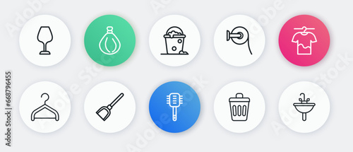 Set line Toilet brush, Drying clothes, Hanger wardrobe, Trash can, paper roll, Bucket with foam and bubbles, Washbasin and Dustpan icon. Vector