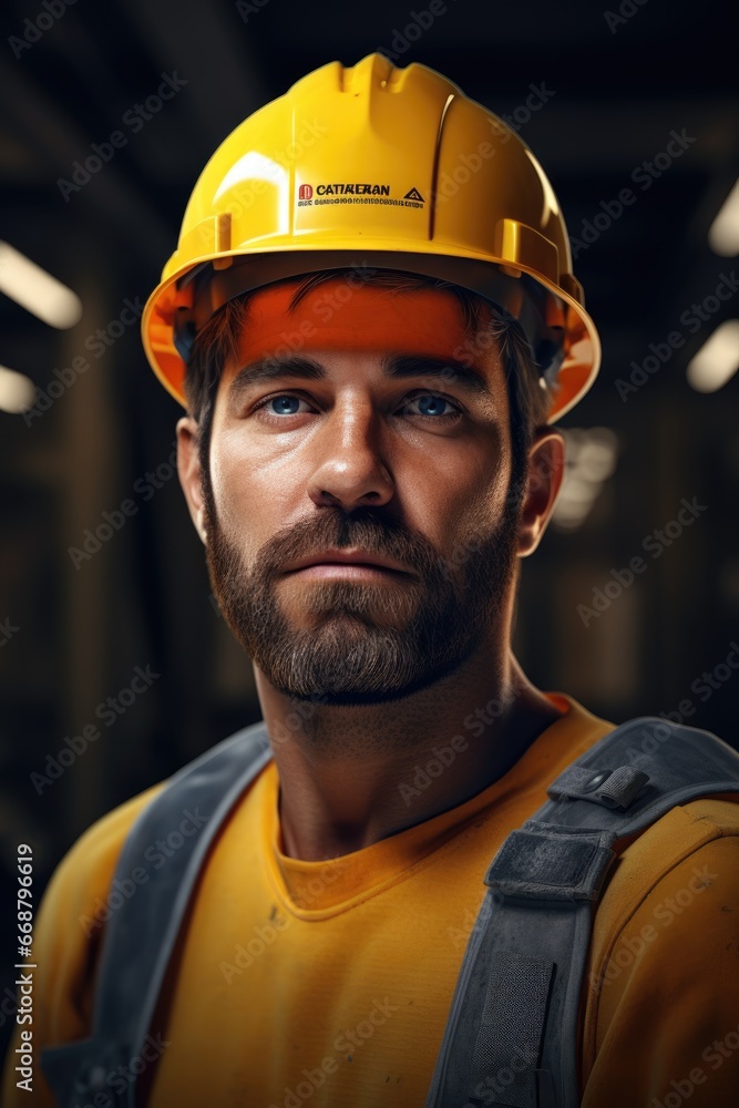 A smiling but tired construction worker in a yellow hard hat A smiling but tired construction worker in a yellow hard hat