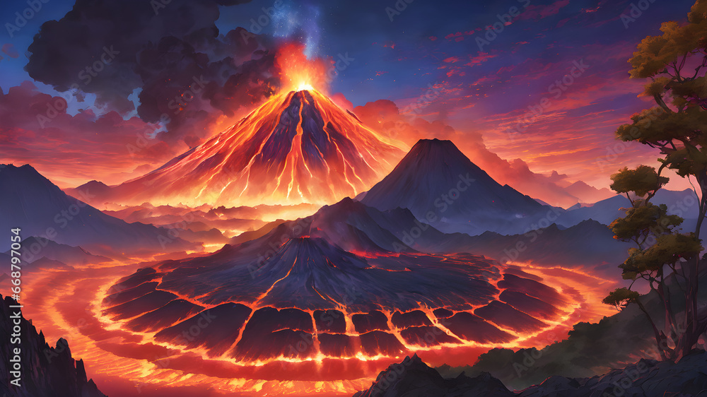 Volcanic Inferno in 2D: An Illustration of a Mountain Erupting with Flames, Lava, and Magma, Creating a Scenic Landscape