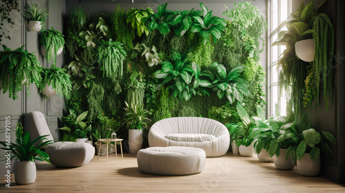 Interior design, green cozy corner in room with lot of indoor plants. Soft armchair, coffee table in relaxation room