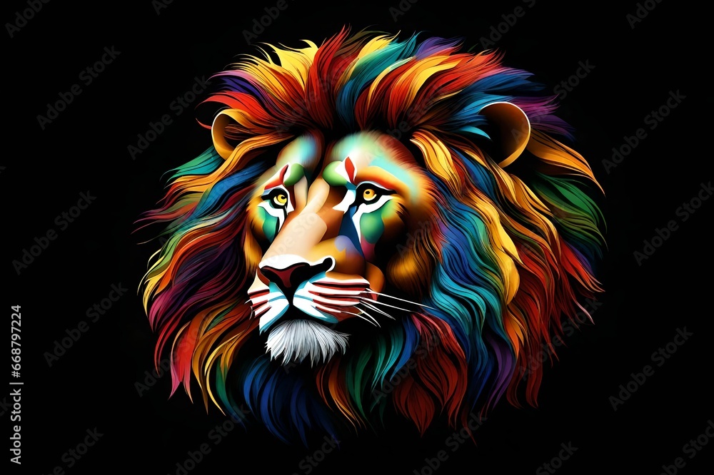 A multicolored lion's head on a black background. Generative AI A multicolored lion's head on a black background. Generative AI