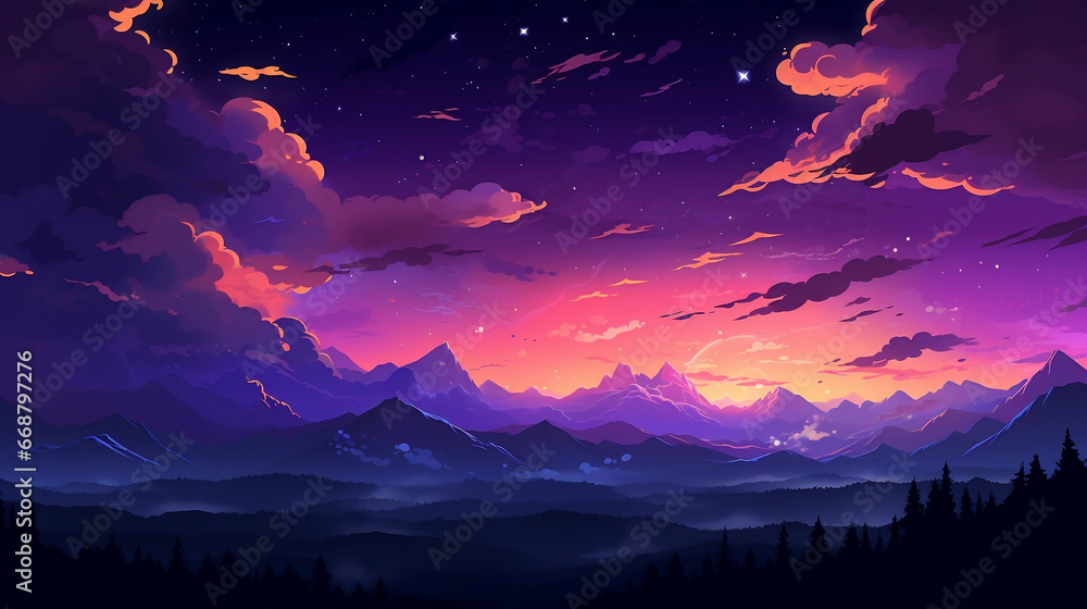 clouds sky mountains sunset and starfall, magical purple sky, orange light over the horizon