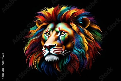 A multicolored lion's head on a black background. Generative AI