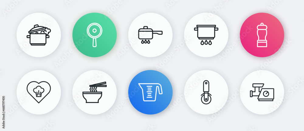 Set line Measuring cup, Pepper, Chef hat, Pizza knife, Cooking pot on fire, Kitchen meat grinder and Asian noodles bowl icon. Vector Set line Measuring cup, Pepper, Chef hat, Pizza knife, Cooking pot on fire, Kitchen meat grinder and Asian noodles bowl icon. Vector