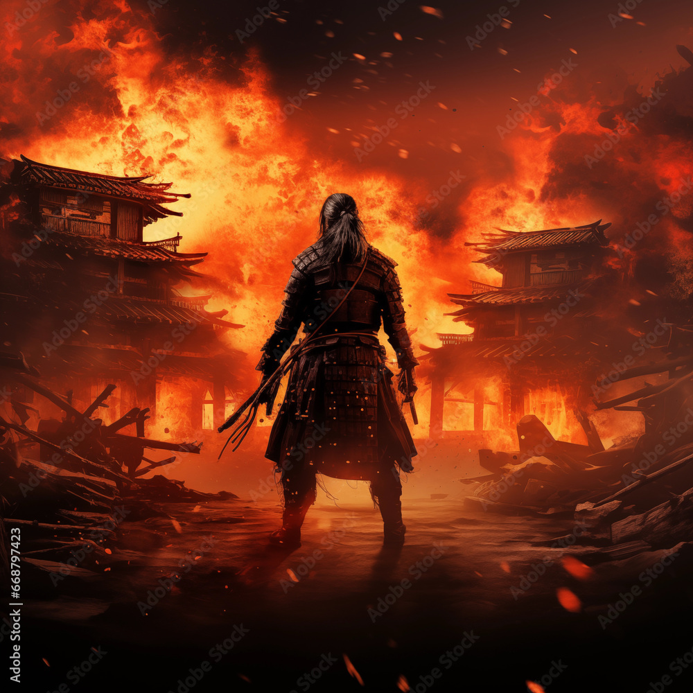 Samurai, fire village, GENERATED AI
