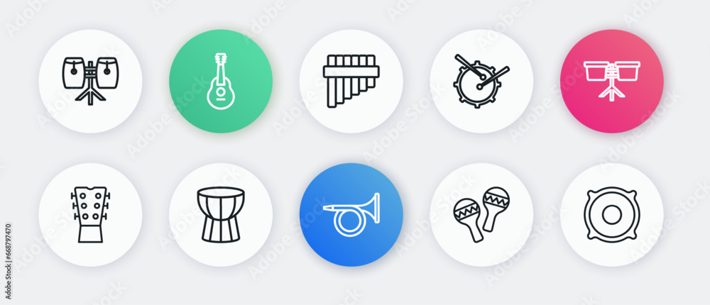 Set line Trumpet, Bongo drum, Guitar neck, Maracas, Drum with sticks, Pan flute, Stereo speaker and African darbuka icon. Vector