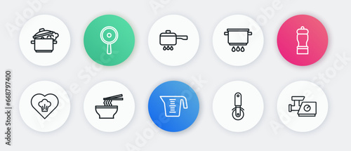 Set line Measuring cup, Pepper, Chef hat, Pizza knife, Cooking pot on fire, Kitchen meat grinder and Asian noodles bowl icon. Vector