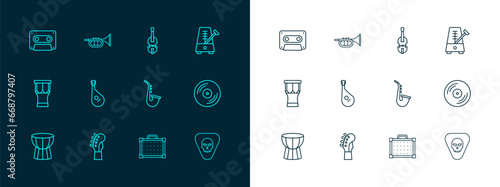 Set line Metronome with pendulum, Guitar neck, Saxophone, amplifier, Bandura, Violin, Retro audio cassette tape and Trumpet icon. Vector