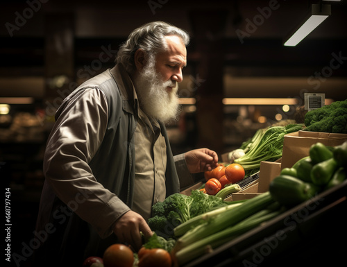 Compras Saludables: Un Señor Mayor Elige Verduras Frescas en el Supermercado
