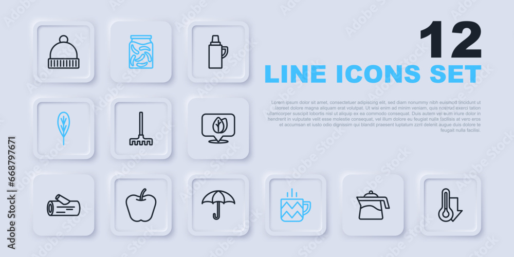 Set line Teapot, Thermometer, Garden rake, Cup of tea, Leaf, Apple, Pickled cucumbers in jar and Umbrella icon. Vector Set line Teapot, Thermometer, Garden rake, Cup of tea, Leaf, Apple, Pickled cucumbers in jar and Umbrella icon. Vector