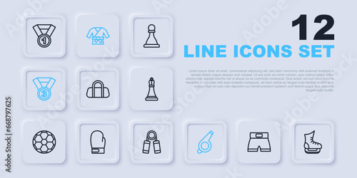 Set line Boxing short, Skates, Sport bag, Whistle, Medal, glove, Kimono and expander icon. Vector