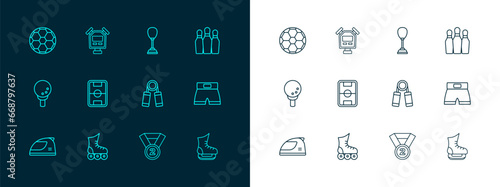 Set line Bowling pin, Roller skate, Sport expander, Medal, Football field, Punching bag, Soccer football and Stopwatch icon. Vector