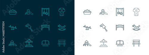 Set line Mushroom house, Sandbox with sand, Playground kids bridge, Attraction carousel, Toy horse, Gymnastic rings, and Slide playground icon. Vector