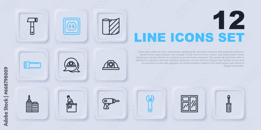Set line Window in room, Screwdriver, Worker safety helmet, Adjustable wrench, Hand saw, Paint bucket with brush, Electrical outlet and drill machine icon. Vector Set line Window in room, Screwdriver, Worker safety helmet, Adjustable wrench, Hand saw, Paint bucket with brush, Electrical outlet and drill machine icon. Vector