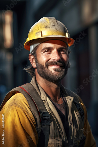 A smiling but tired construction worker in a yellow hard hat