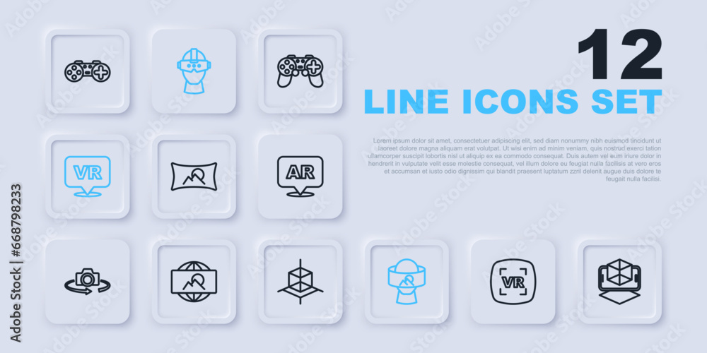 Set line Virtual reality, 3d modeling, Wide angle picture, glasses, and icon. Vector Set line Virtual reality, 3d modeling, Wide angle picture, glasses, and icon. Vector