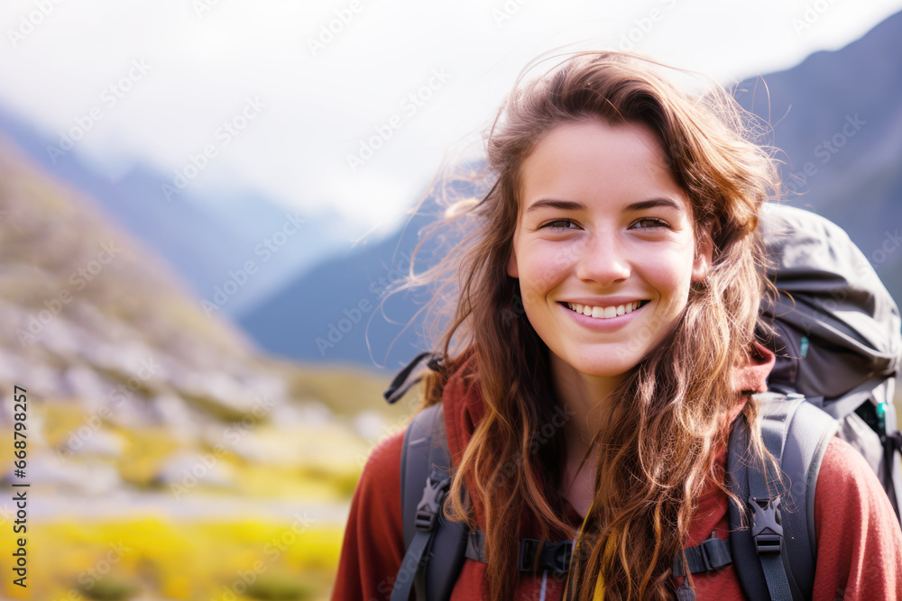 Nature lover woman smiling in jacket and backpack hiking up mountain Nature lover woman smiling in jacket and backpack hiking up mountain