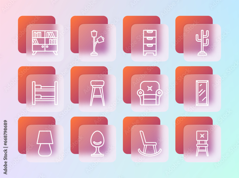 Set line Coat stand, Armchair, Chair, Chest of drawers, Library bookshelf and Floor lamp icon. Vector Set line Coat stand, Armchair, Chair, Chest of drawers, Library bookshelf and Floor lamp icon. Vector