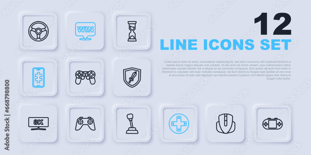 Set line Computer mouse, Portable video game console, Game controller joystick, Mobile gaming, Medal and Gear shifter icon. Vector Set line Computer mouse, Portable video game console, Game controller joystick, Mobile gaming, Medal and Gear shifter icon. Vector