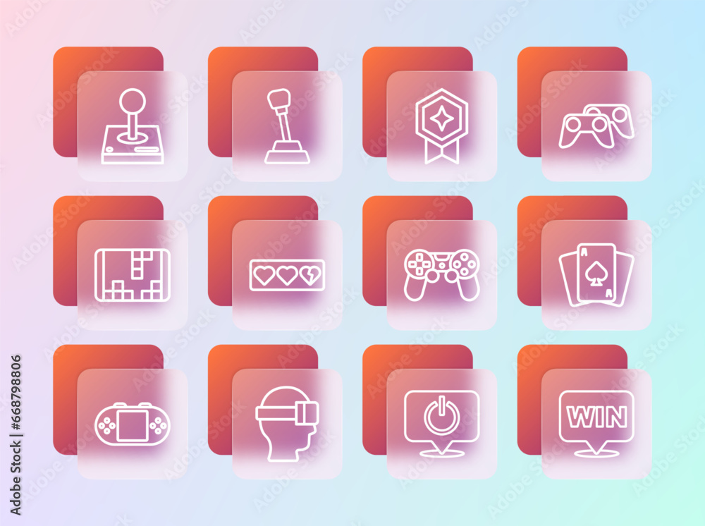 Set line Game controller or joystick, Virtual reality glasses, Power button, life bar, rating with medal, Joystick for arcade machine and Gear shifter icon. Vector Set line Game controller or joystick, Virtual reality glasses, Power button, life bar, rating with medal, Joystick for arcade machine and Gear shifter icon. Vector