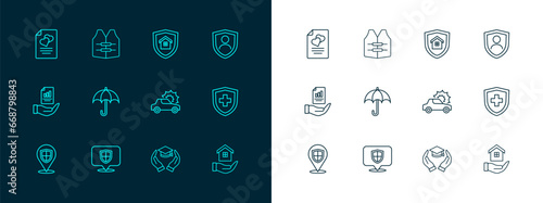 Set line Life insurance with shield, Location, Car, Education grant, Umbrella, House, Marriage contract and jacket icon. Vector