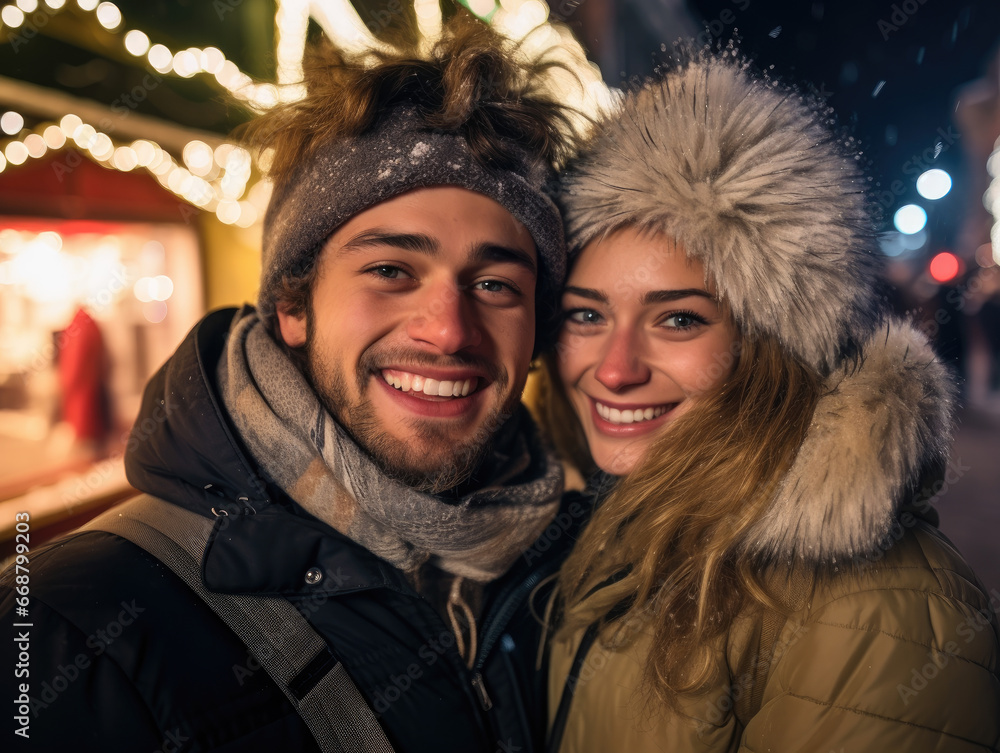 A cheerful couple, warmly dressed, enjoys hot drinks and laughter at a Christmas market, surrounded by falling snowflakes. A cheerful couple, warmly dressed, enjoys hot drinks and laughter at a Christmas market, surrounded by falling snowflakes.