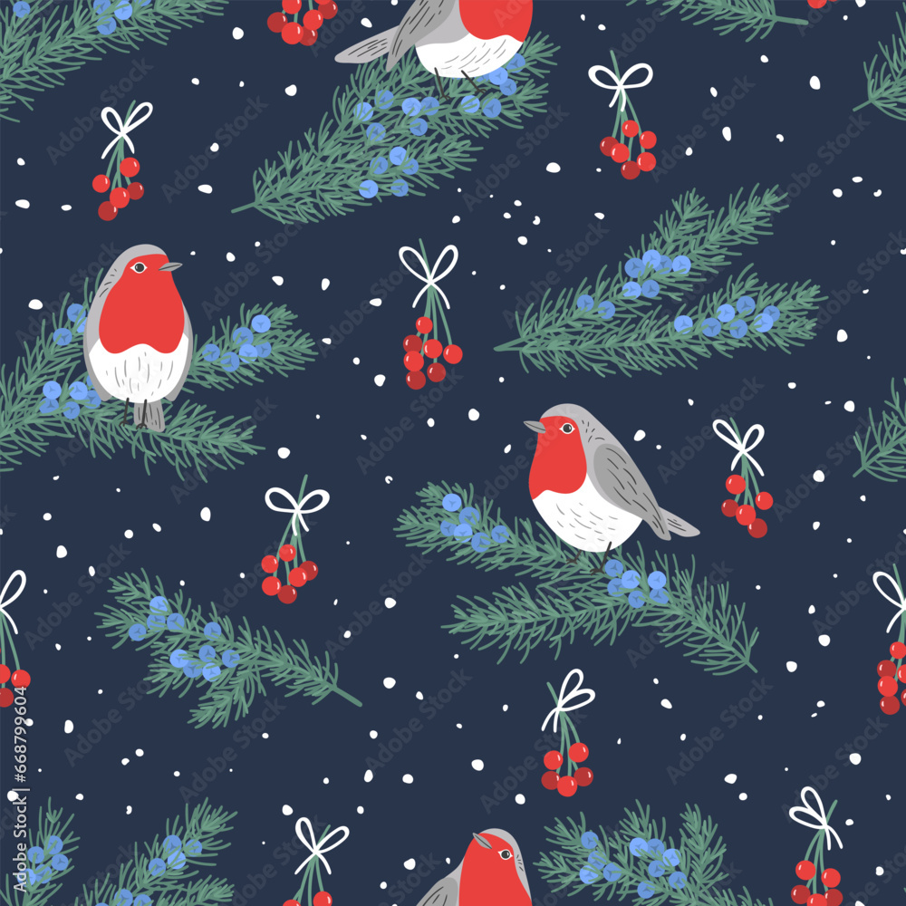 Seamless pattern with hand drawn juniper twigs and robbin birds Seamless pattern with hand drawn juniper twigs and robbin birds