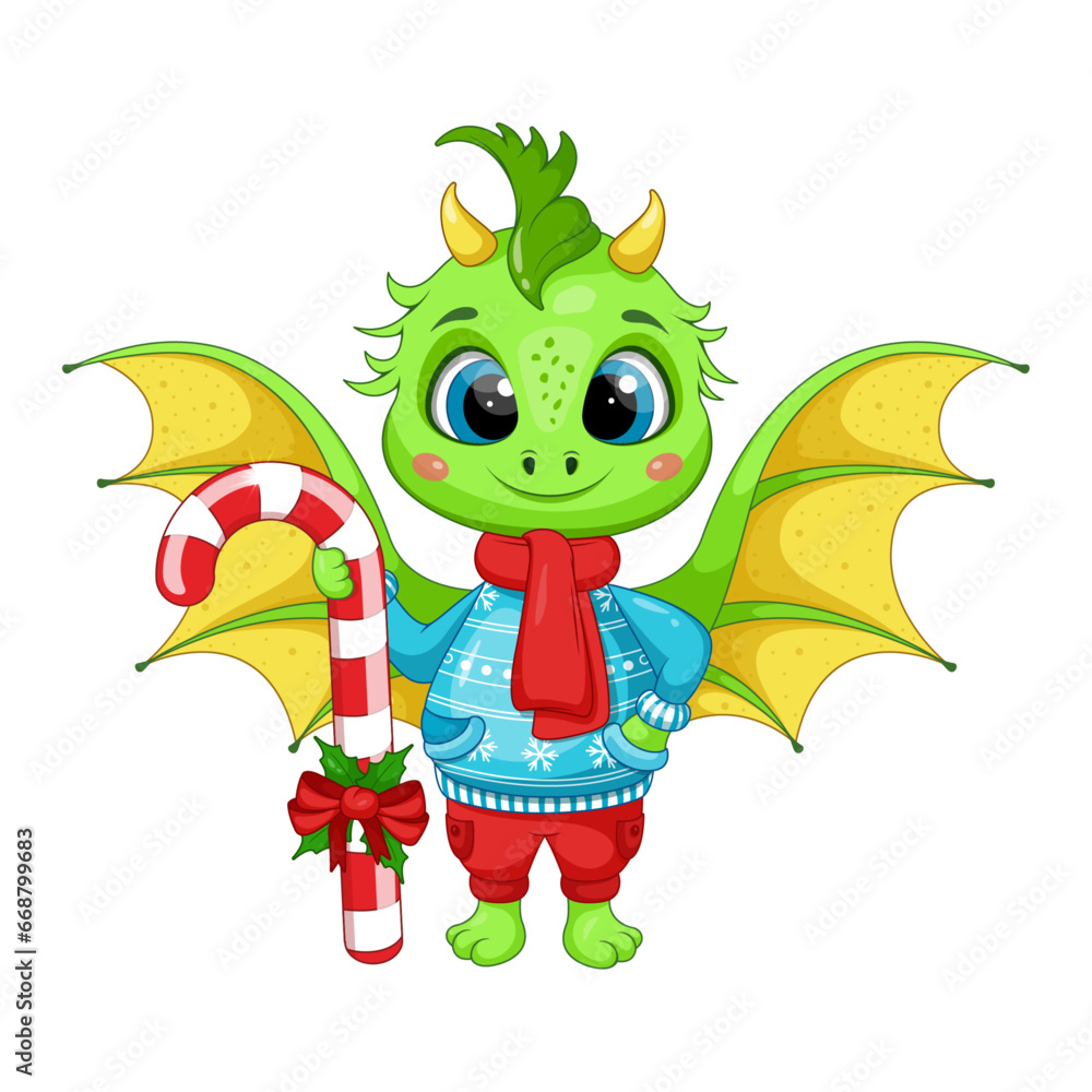 Fototapeta premium Striped Christmas Candy Cane and Festive Green Cartoon Dragon