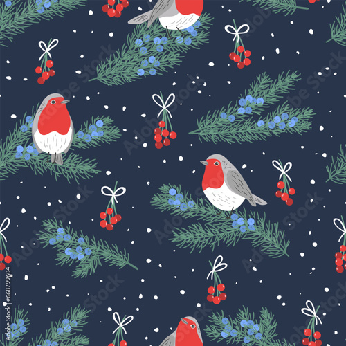 Photos Seamless pattern with hand drawn juniper twigs and robbin birds