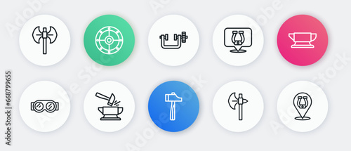 Set line Hammer, Blacksmith anvil tool, Welding glasses, Medieval axe, Horseshoe, Clamp and screw, and Anvil hammer icon. Vector
